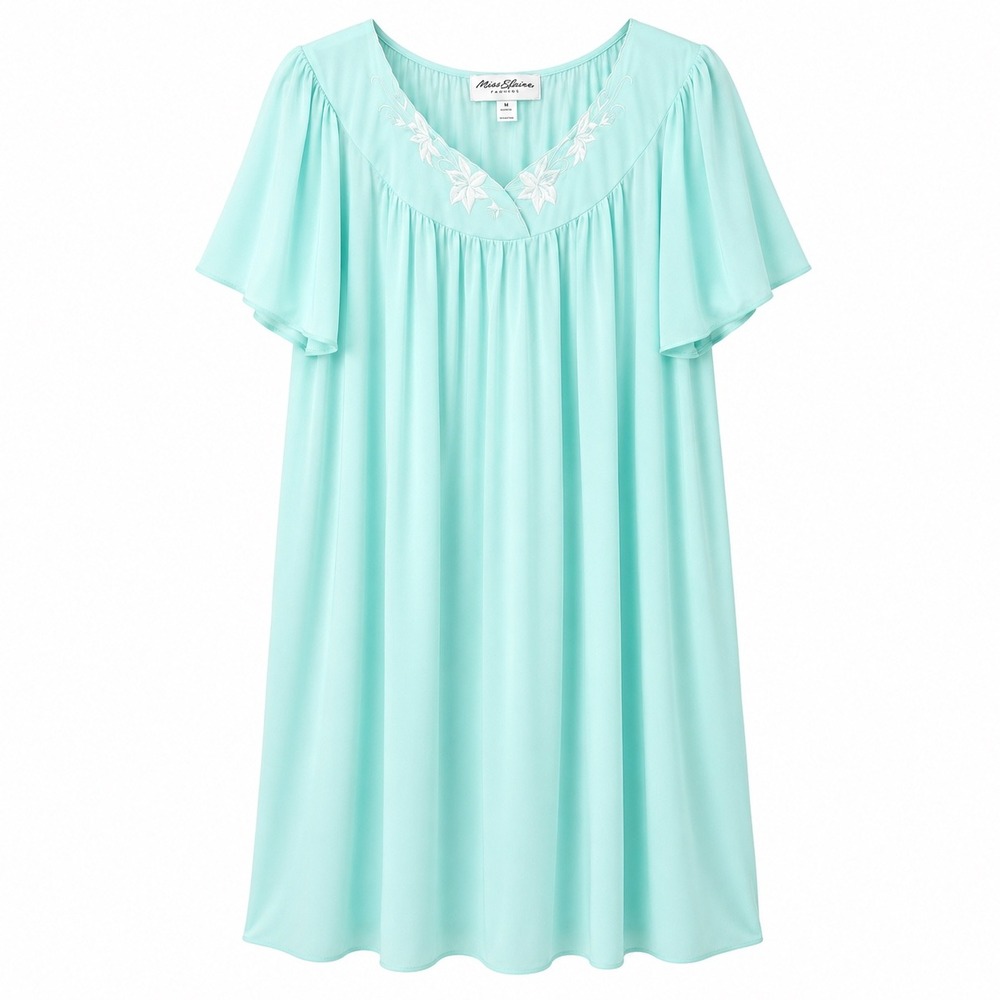 Miss Elaine Classics Nightgown Aqua Blue Floral Embroidered Tricot M 20809BT